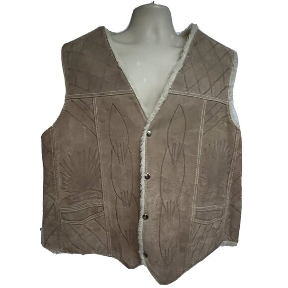 Vintage Southwestern Mens Sherpa Wool Lined Snap Front Leather Vest XL Unisex - Picture 2 of 10